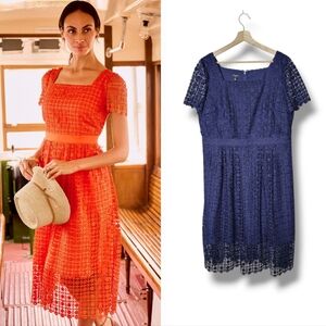 Talbots Petite Lace Fit & Flare Navy Blue Dress Ladylike Midi Size 16P NWT